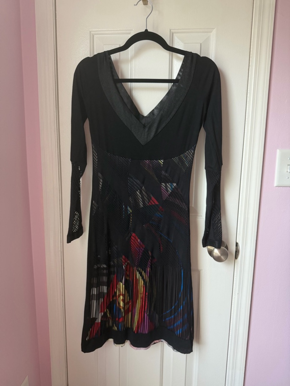 Black Long-Sleeve V-Neck Mesh Fringe Women's Dress